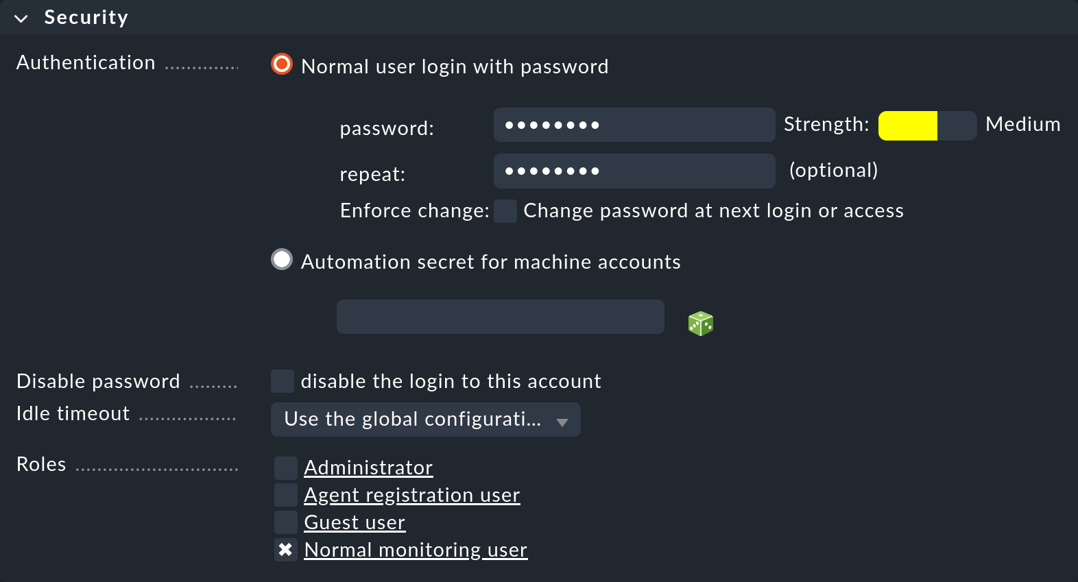 Dialog for a user's security settings.