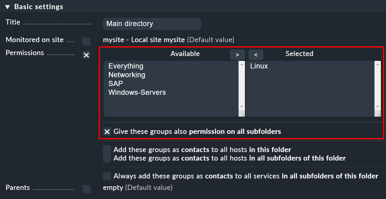 Folder properties with the shared contact group Linux.